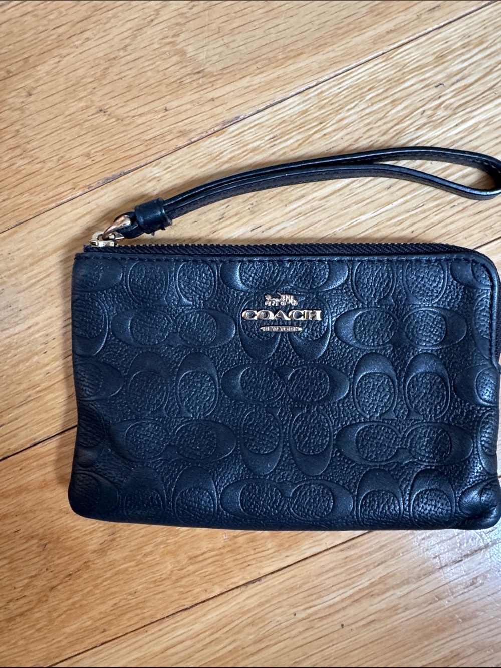 Coach Black Signature Leather Wristlet with Gold Hardware